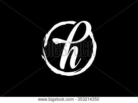 Script Letter H In A Brush Circle On Black Background, Monogram Calligraphy Hand Drawn Alphabet Init
