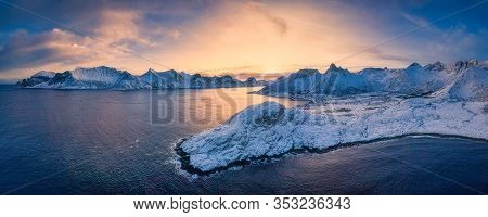 Gulf, Bay, Sand Beach With A Huge Surf In Ersfjord In Sunset