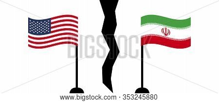 Iran And America Flag, With Black Fault, Isolated On White Background