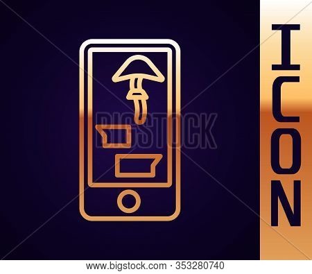 Gold Line Buying Drugs Online On Mobile Phone Icon Isolated On Black Background. Online Buying Symbo