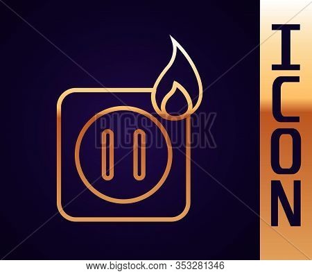 Gold Line Electric Wiring Of Socket In Fire Icon Isolated On Black Background. Electrical Safety Con
