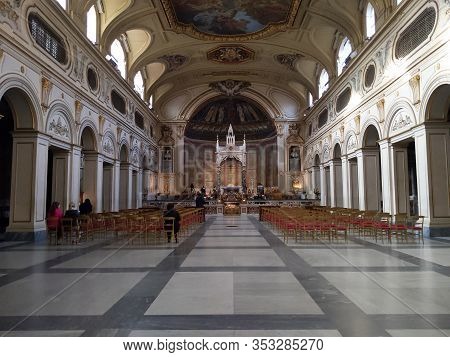 Rome, Italy - February 11, 2020: Interior Of The Ancient Santa Cecilia Basilica In Trastevere During