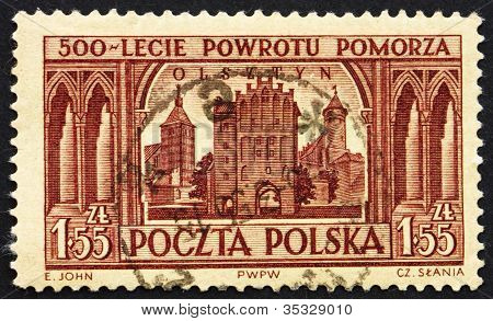Vista de Olsztyn Polónia 1954 de selo postal
