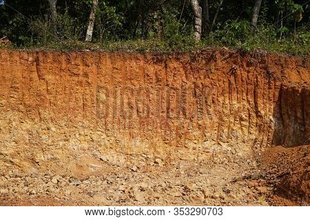 Deforestation Close Up With Roots, Rocks Showing In Sunlight. Red And Yellow Rocks Where Soil Was Du
