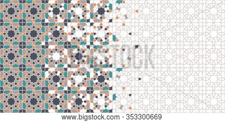 Arabic Tile Vector Seamless Pattern. Geometric Halftone Texture With Colorful Arabesque Disintegrati