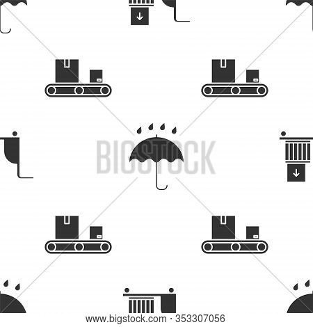 Set Electric Hand Truck And Boxes , Umbrella And Rain Drops And Conveyor Belt With Cardboard Box On 