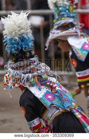 Oruro, Bolivia - February 26, 2017: Tinkus Dance Group In Ornate Costumes Performing As They Parade 