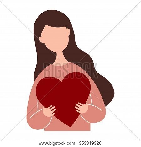 Beautiful Woman Holding A Big Red Heart In Her Hands. Valentines Day. Vector Illustration.