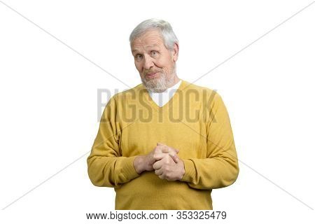 Old Grandpa Wonder Expression. Senior Man In Woolean Sweater. White Isolated Background.