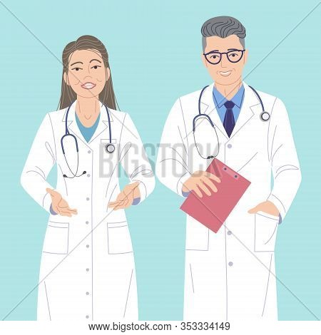Two Doctors Man And Woman Simple Characters. Friendly Medical Workers In White Coats Isolated On Tur