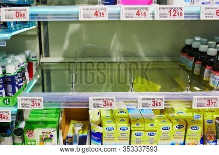 Paris, France - February 29, 2020: Empty Shelves With Hand Sanitizers At Parisian Supermarket Or Pha