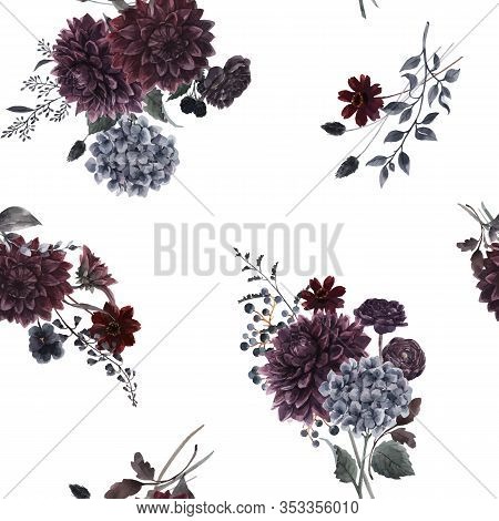 Beautiful Vector Seamless Pattern With Watercolor Dark Blue, Red And Black Dahlia Hydrangea Flowers.