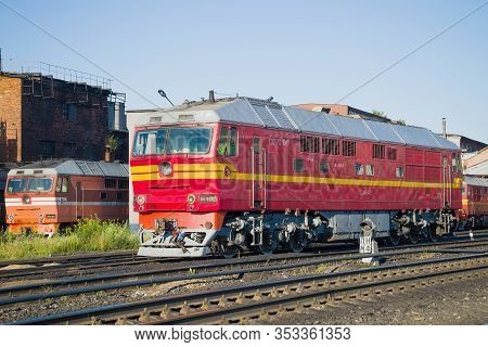 Rybinsk, Russia - July 10, 2016: Passenger Diesel Locomotive Tep-70 Closeup On A Sunny July Morning.