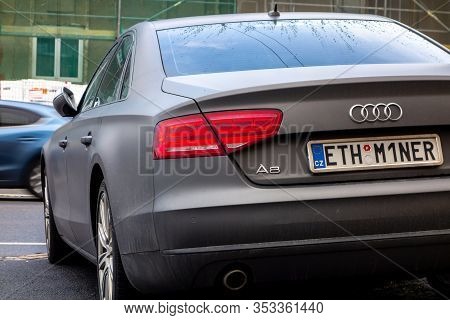 Ostrava, Czechia - February 28, 2020: Audi A8 Luxury Car With A Modern Grey Matte Paint With A Custo