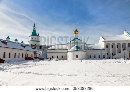New Jerusalem Monastery Inner Yard With Church And Buildings Covered In Snow, Istra, Moscow Region