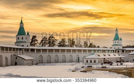 White Walls, Green Towers And Inner Yard Of New Jerusalem Monastery In Sunset Lights, Istra, Moscow 