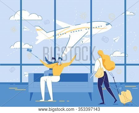 Happy Family Waiting Boarding On Airplane In Airport Terminal. Father And Little Son Making Selfie S