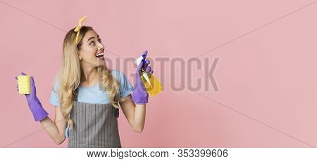 Funny Girl In Apron And Gloves Spraying And Looking At An Empty Place, Panorama