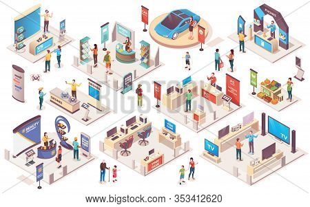 Expo Center And Trade Show Exhibition Product Display Stands, Isometric Icons. Promo Trade Expositio