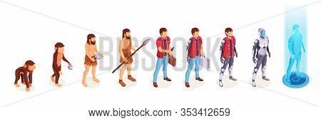Human Evolution Of Man From Ape Monkey To Digital World Technology, Life Development Process Icons. 
