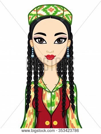 Asian Beauty. Animation Portrait Of A Beautiful Girl In Ancient National Cap And Jewelry. Central As