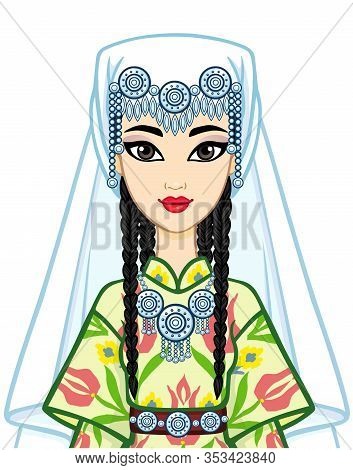 Asian Beauty. Animation Portrait Of A Beautiful Girl In Ancient National Cap And Jewelry. Central As