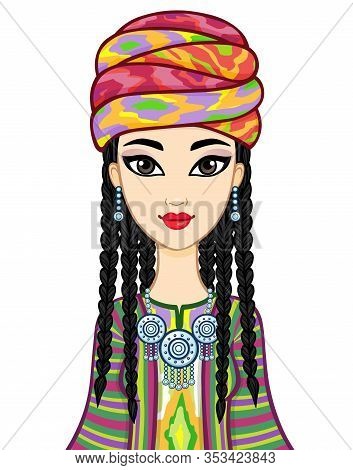 Asian Beauty. Animation Portrait Of A Beautiful Girl In Ancient National Cap And Jewelry. Central As