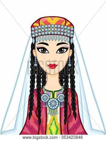 Asian Beauty. Animation Portrait Of A Beautiful Girl In Ancient National Cap And Jewelry. Central As
