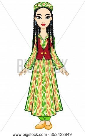Asian Beauty. Animation Portrait Of A Beautiful Girl In Ancient National Clothes And Jewelry. Centra
