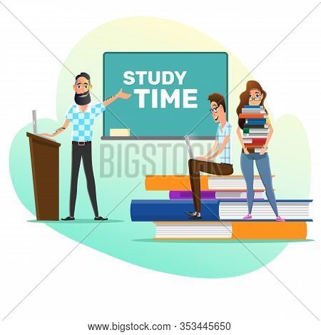 Professor And Students At University Class Cartoon. Girl Hold Textbook Stack. Guy Sitting On Book Pi