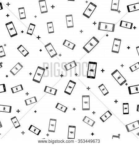 Black Graduation Cap And Smartphone Icon. Online Learning Or E-learning Concept Icon Isolated Seamle