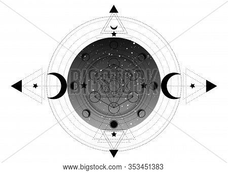 Metatrons Cube,  Flower Of Life, Sacred Geometry, Esoteric Spiritual Icon And The Moon Phases. Mason
