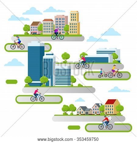 Family Outdoor Activity. Happy Family Concept. Healthy Lifestyle Outdoor. Bicycle Isometric People.