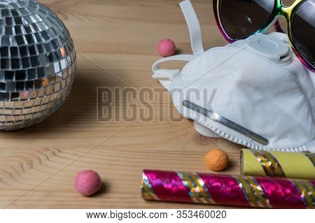 Party Globe And Sun Glasses With Mask Protection In Croud Of People In Time Of Influenza. Concept, C