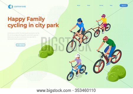 Family Outdoor Activity. Happy Family Concept. Healthy Lifestyle Outdoor. Bicycle Isometric People.
