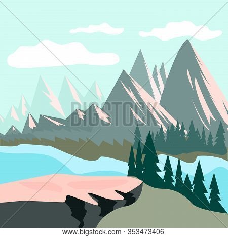 Nature Landscape With A River And Steep Rock Face Or Top Of Mountain. Flat Art Vector Illustration
