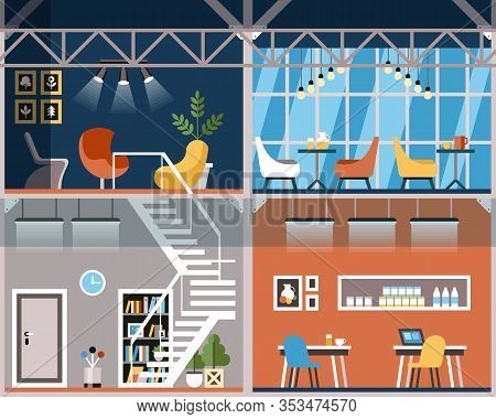Vector Illustration Convenience Coworking Cartoon. Flat Banner Space For Work, Ideas And Creativity.