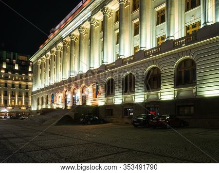 Bucharest/romania - 02.29.2020: National Bank Of Romania (banca Nationala A Romaniei) At Night. Nigh