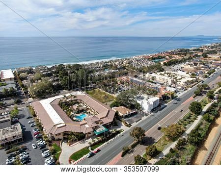 Aerial View Of Condo Community Next To The Beach And Sea In South California. Solana Beach. Usa
