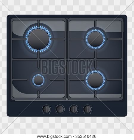 Surface Of Gas Hob. Switch On. Domestic Kitchen Equipment. Black Color. Above View Of Stove. Editabl