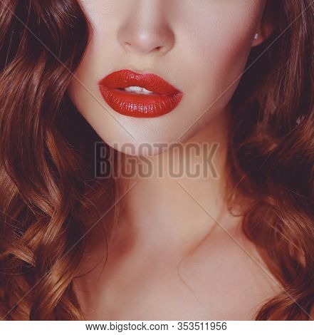 Beautiful woman skin with red lips on white background