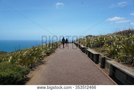 Cape Reinga, New Zealand - January 04, 2020 : People Visiting Cape Reinga In New Zealand