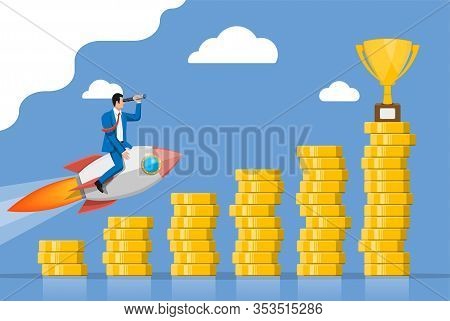 Successful Business Man Flying On Rocket On Coin Graph Going Up. Businessman On Flying Space Ship. N