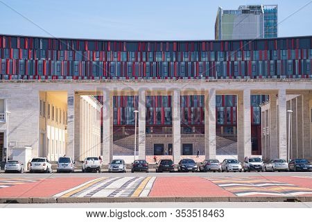 Tirana, Albania - February 2020: New Football Stadium Air Albania Entrance In Tirana City Center