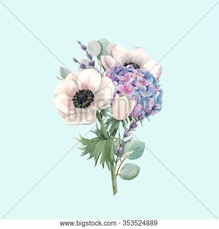 Beautiful Vector Gentle Bouquet With Watercolor Violet Hydrangea Flowers And White Anemones With Lav