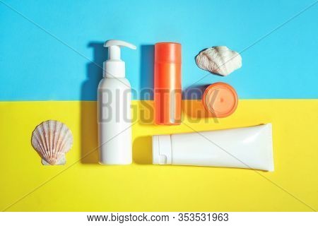 Sunprotection Objects, Suscreen. Flat Lay, Natural Cosmetics, Cream Spf For Face And Body. Summer Tr