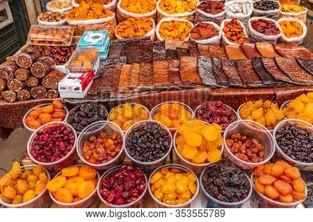 Gyumri , Armenia - August 15, 2019 : dried fruits Myakowski street open market landmark of Gyumri Shirak Armenia eastern Europe