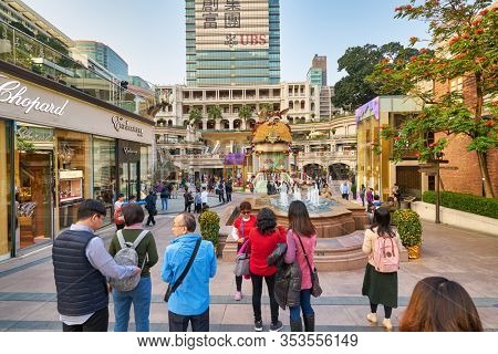 HONG KONG, CHINA - CIRCA JANUARY, 2019: street level view of the courtyard of 1881 Heritage in Hong Kong.