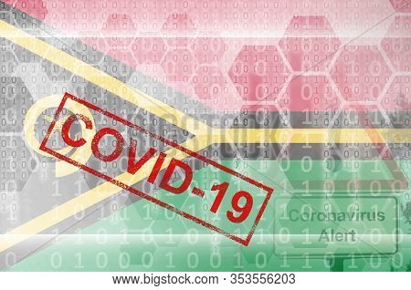 Vanuatu Flag And Futuristic Digital Abstract Composition With Covid-19 Stamp. Coronavirus Outbreak C