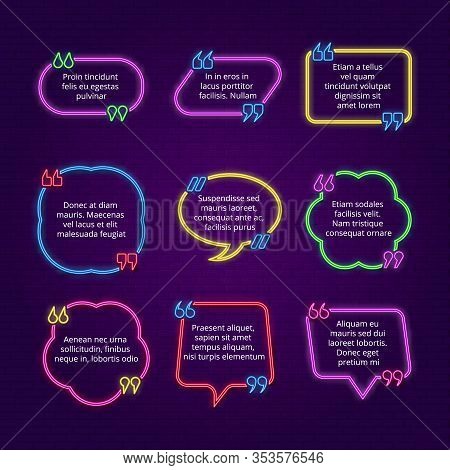 Neon Text Bubble. Quote Frames With Commas, Text And Direct Speech Vector Template. Illustration Com